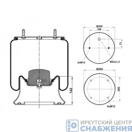 Пневморессора 4004NP02 без стакана 2шп-М12+1отв.М22 SAF2618 TRAILERPARTS 4004NP02