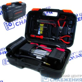 Компрессор автомобильный 2-х цилиндровый (в кейсе набор для ремонта колес) пневм. шланг 85л/мин AUTOVIRAZH AV-010890